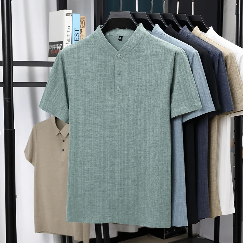 Summer Clothing Men Linen - Erkek Mandarin Yaka Yarım Düğmeli Keten