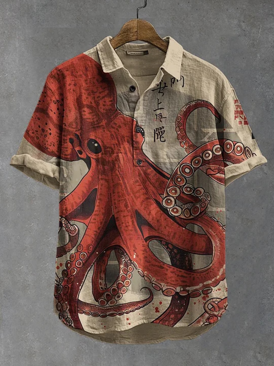 Summer Clothing Men Linen - Erkek polo gömlek ahtapot desenli kısa