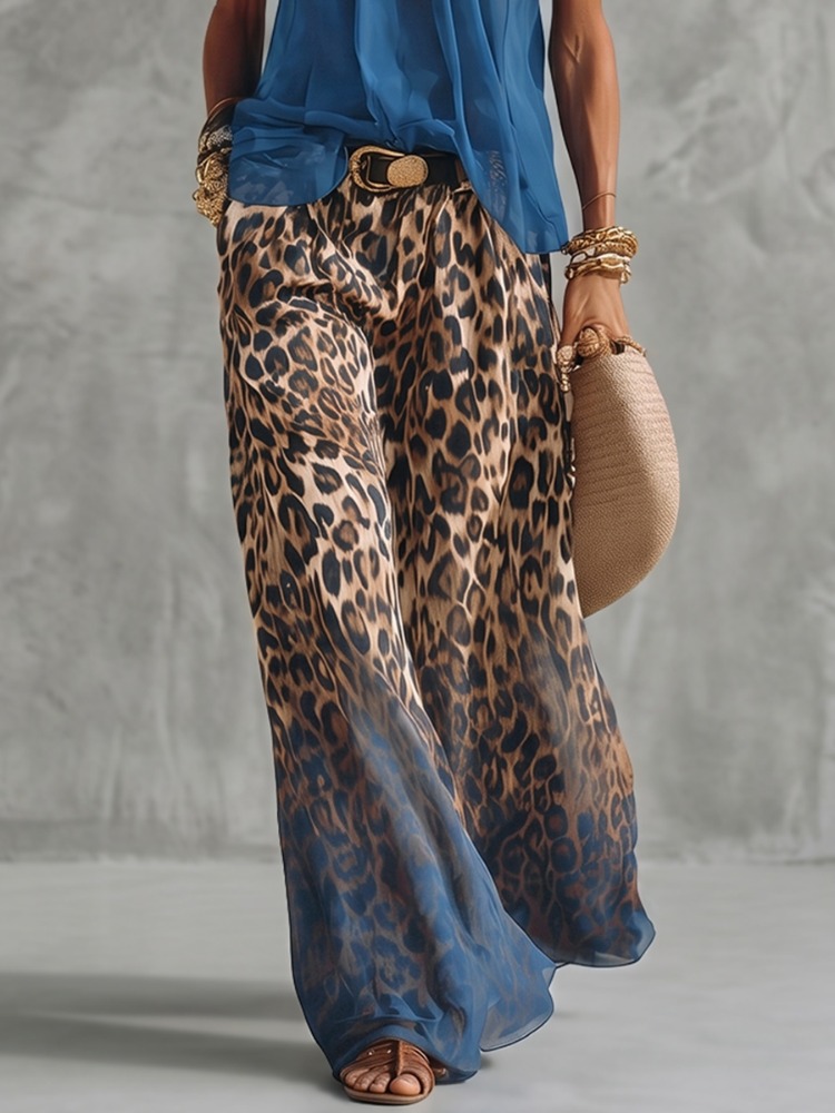 Palazzo Pant Wide - Yeezzi kadın Moda Degrade Leopar Baskılı