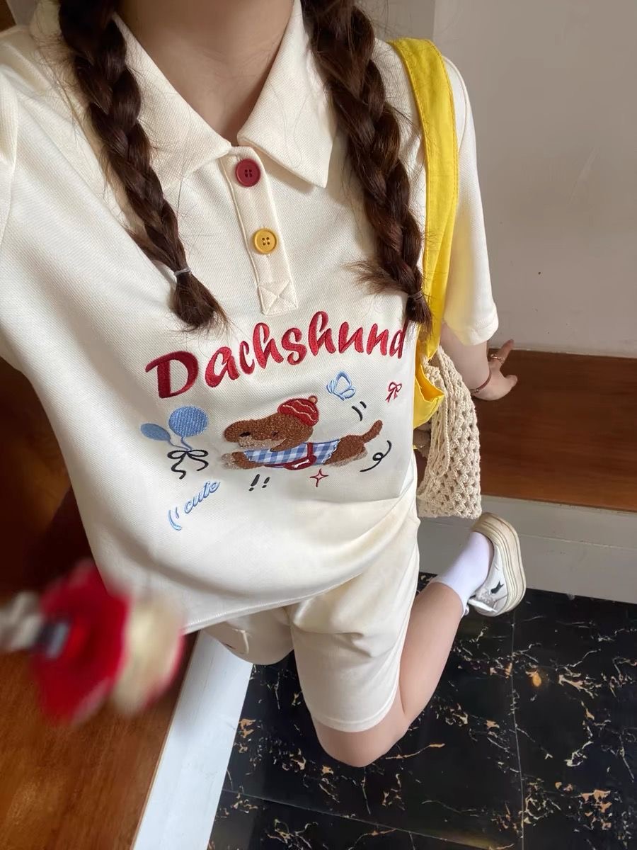 Japan Summer Clothing Women - Kawaii Nakış Köpek Japonya Tarzı Polo